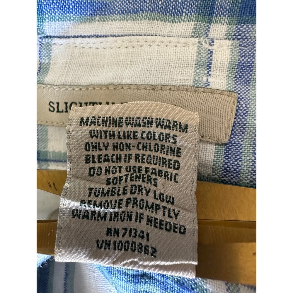 LL Bean Button Down Mens XXL Blue Green Plaid Linen Slightly Fitted Shirt Summer - Picture 5 of 7